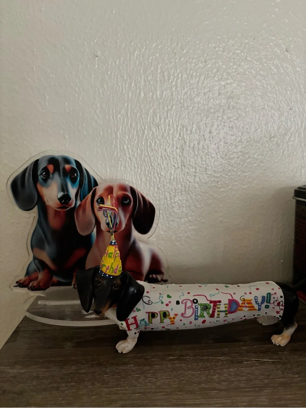 Birthday Dachshund Decorative Figurine - White with Multicolor Print